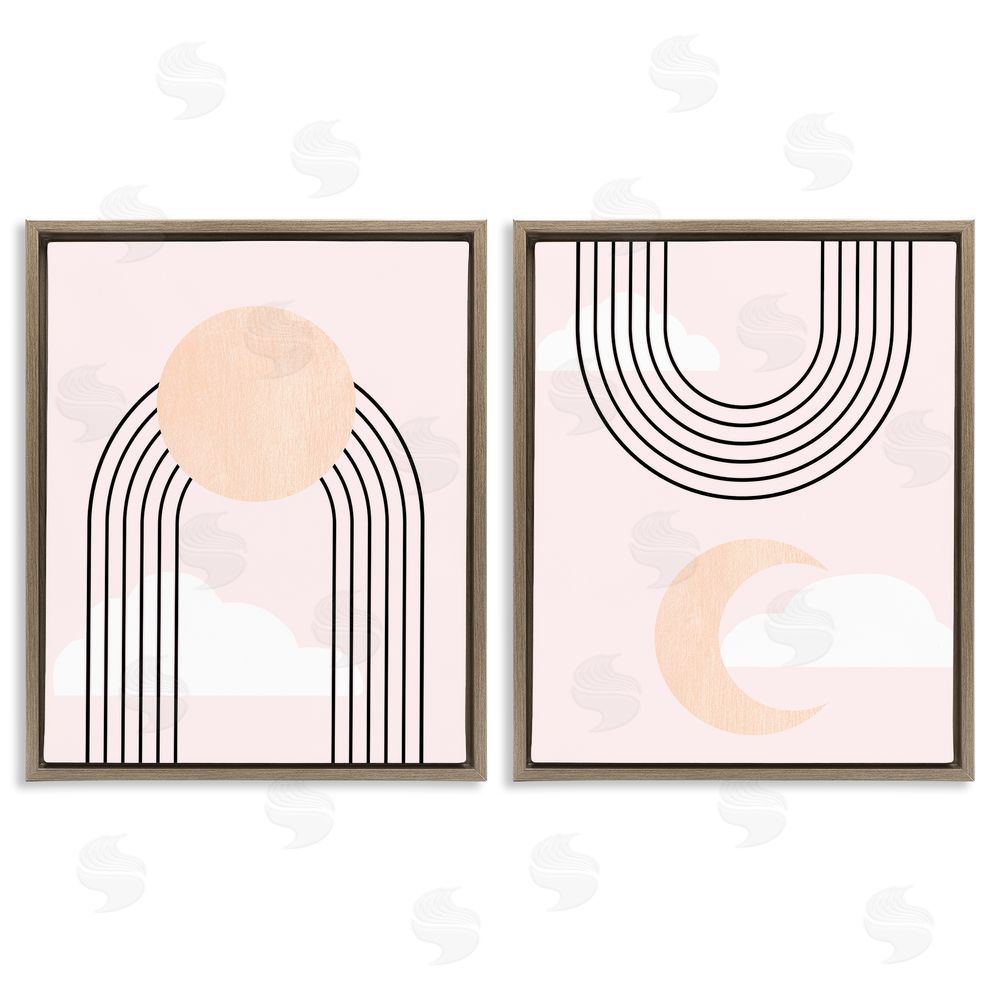 Stupell Studio Rising Sun Rainbow Crescent Moon Abstract Pink Sky Brown Floating Frame Canvas Wall Art Print