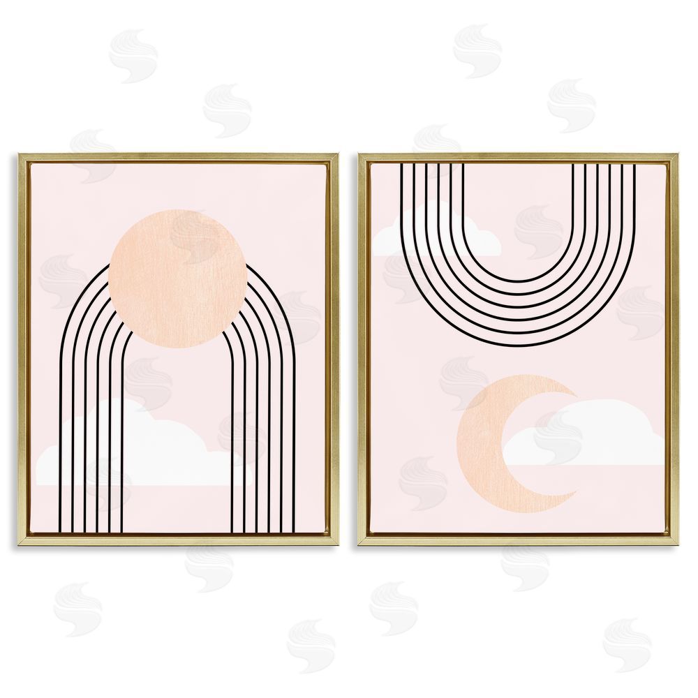 Stupell Studio Rising Sun Rainbow Crescent Moon Abstract Pink Sky Gold Floating Frame Canvas Wall Art Print
