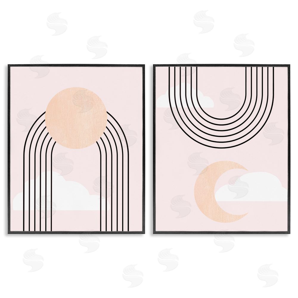 Stupell Studio Rising Sun Rainbow Crescent Moon Abstract Pink Sky Black Framed Giclee Wall Art Print