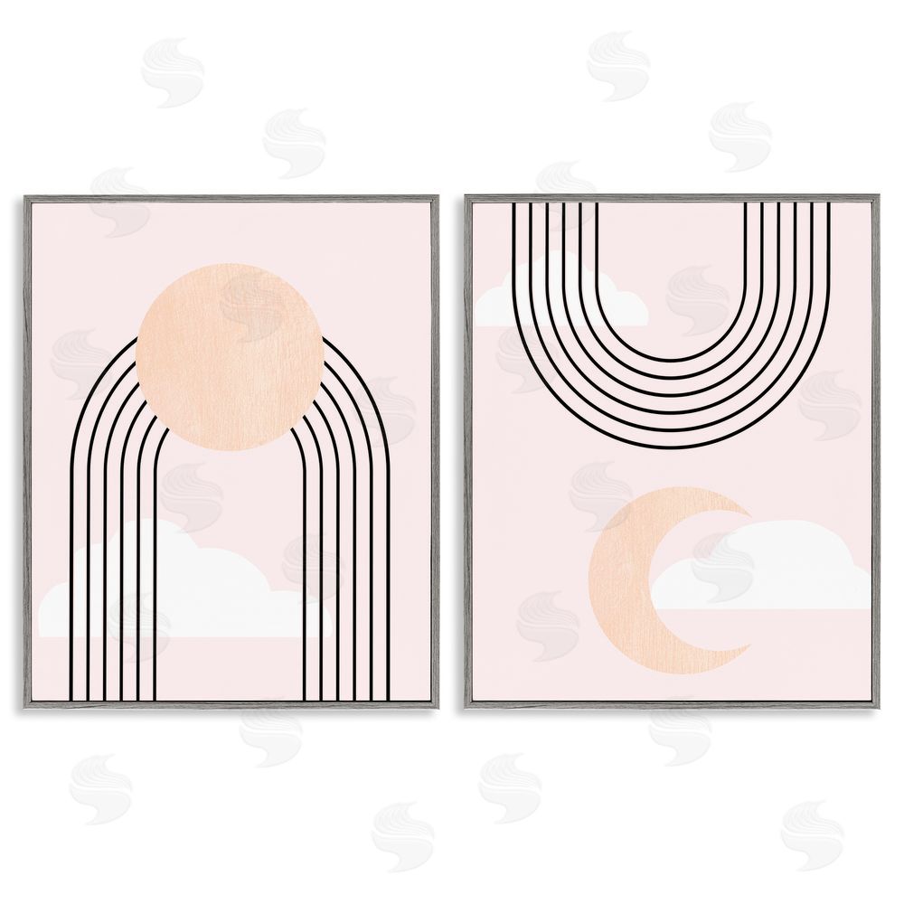 Stupell Studio Rising Sun Rainbow Crescent Moon Abstract Pink Sky Gray Framed Giclee Wall Art Print