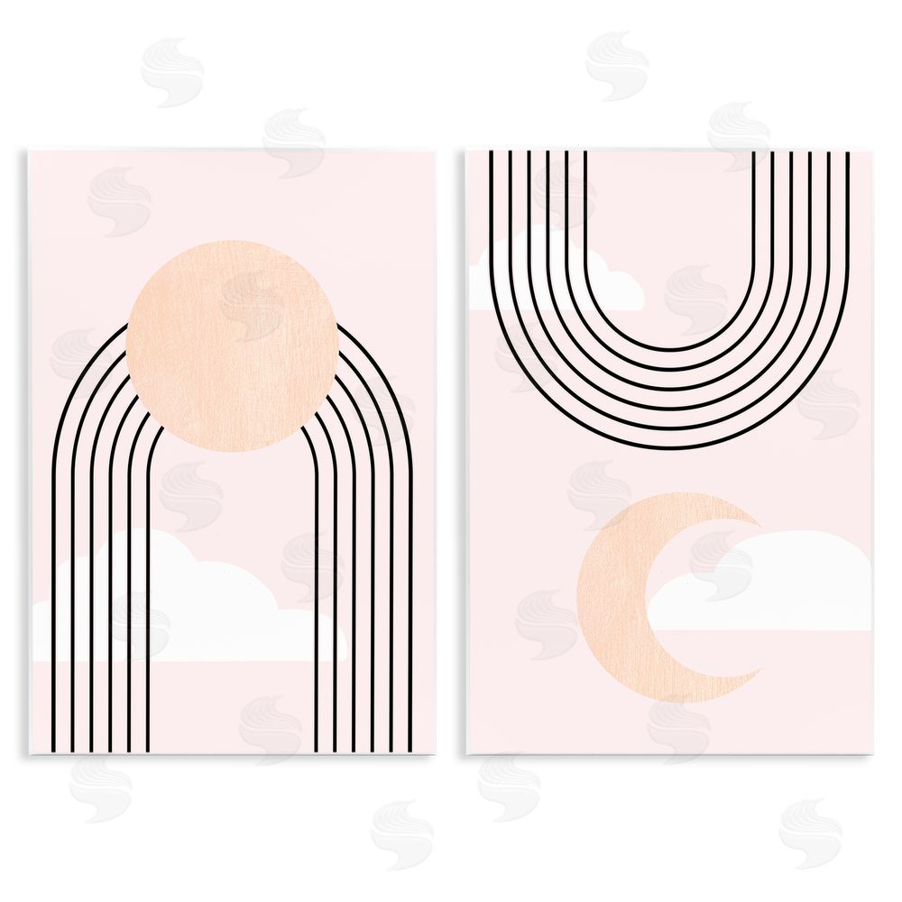 Stupell Studio Rising Sun Rainbow Crescent Moon Abstract Pink Sky Wooden Wall Plaque Art Print