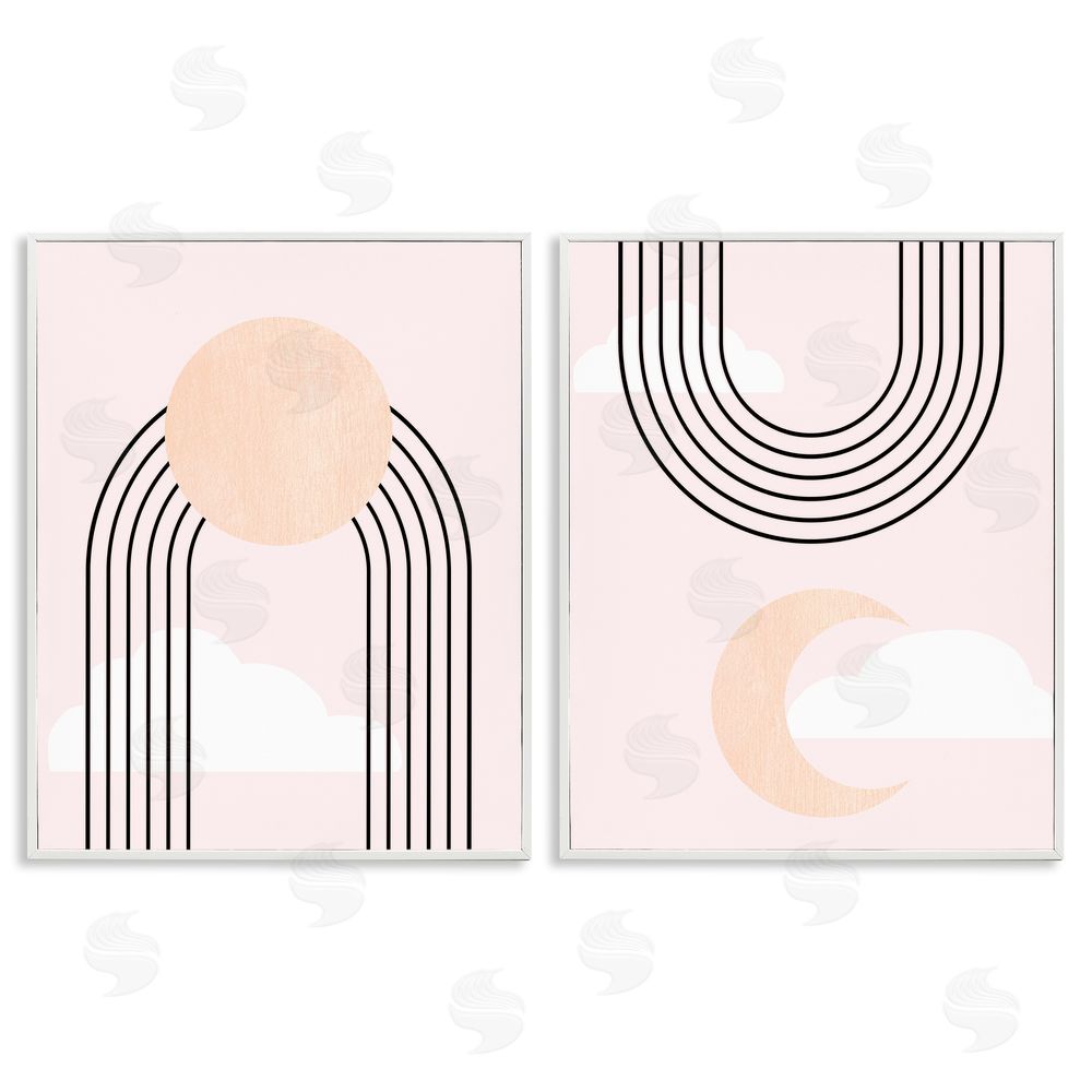 Stupell Studio Rising Sun Rainbow Crescent Moon Abstract Pink Sky White Framed Giclee Wall Art Print