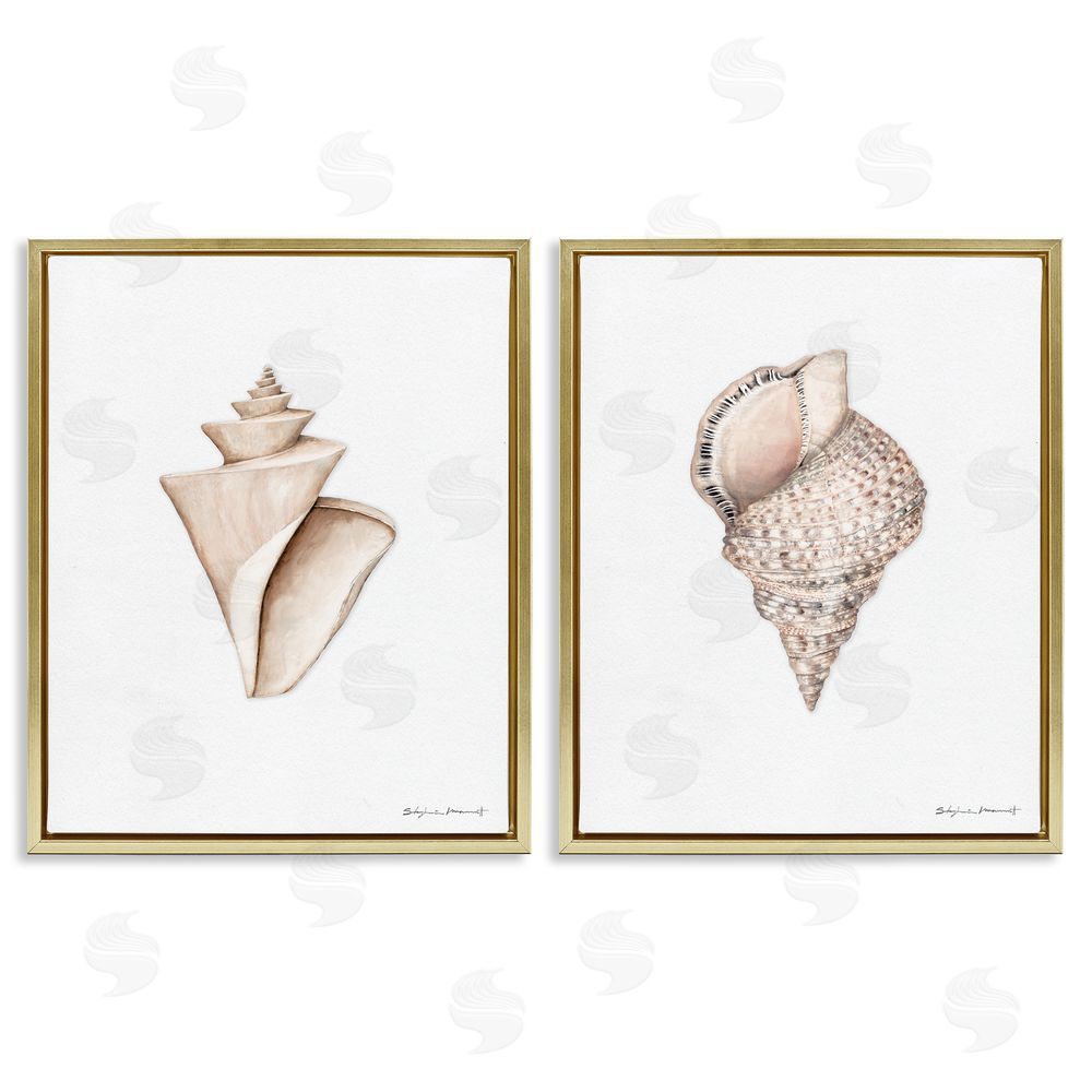 Stephanie Workman Marrott Tranquil Spiral Sea Shells Soft Marine Life Gold Floating Frame Canvas Wall Art Print