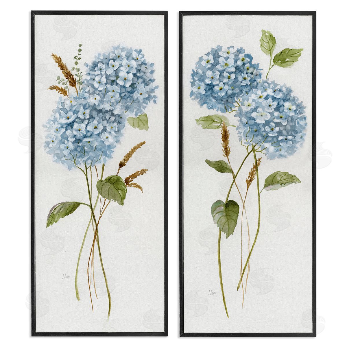 Blue Hydrangea Long Stems Black Frame Print Wall Art, Home Decor by Nan