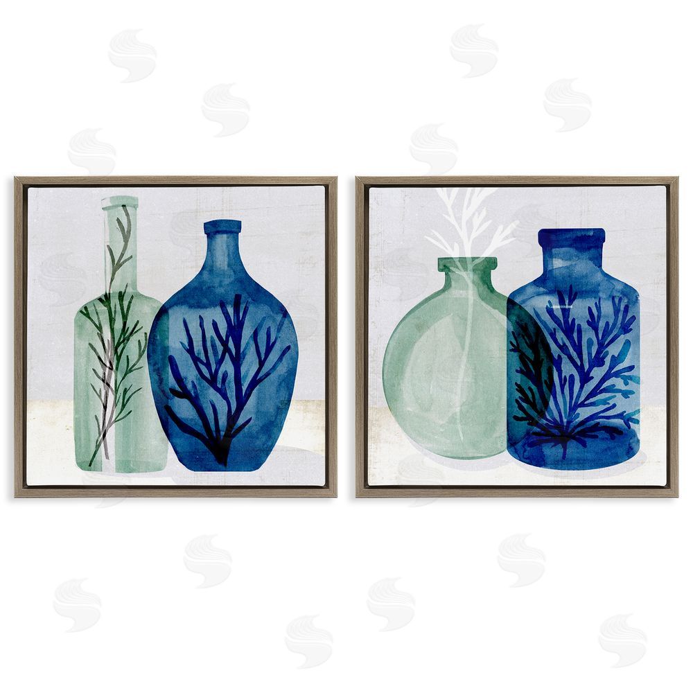 Annie Warren Nautical Vase Still Life Sea Coral & Botanicals Brown Floating Frame Canvas Wall Art Print