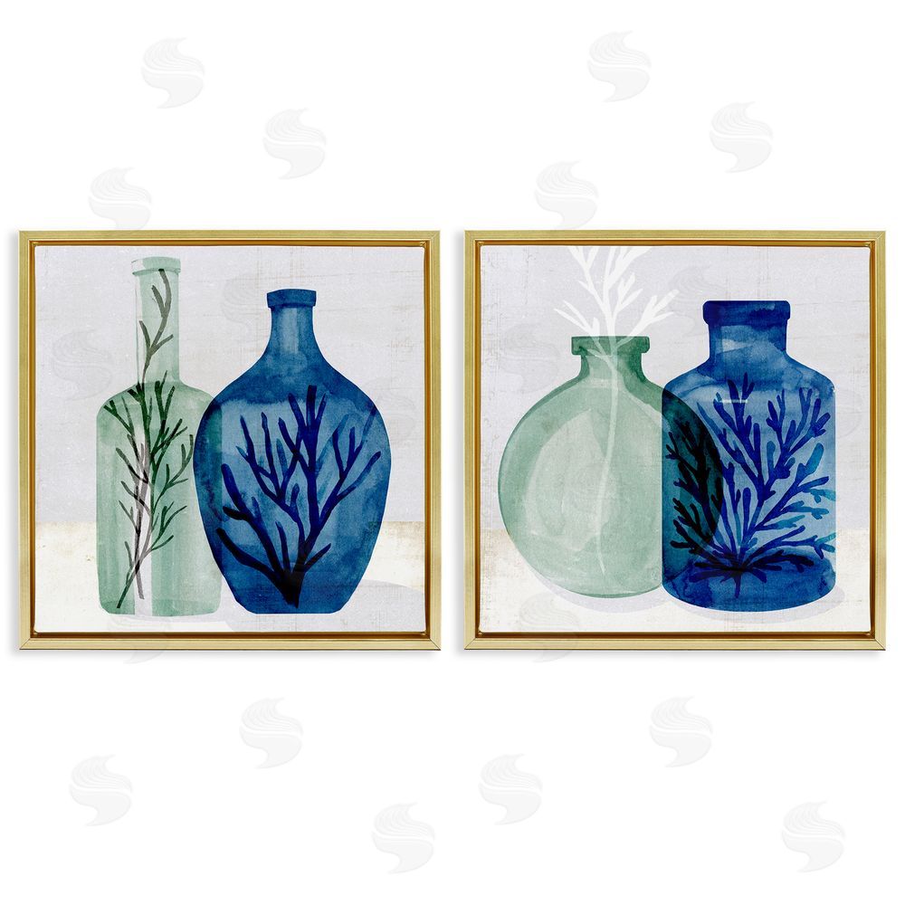 Annie Warren Nautical Vase Still Life Sea Coral & Botanicals Gold Floating Frame Canvas Wall Art Print