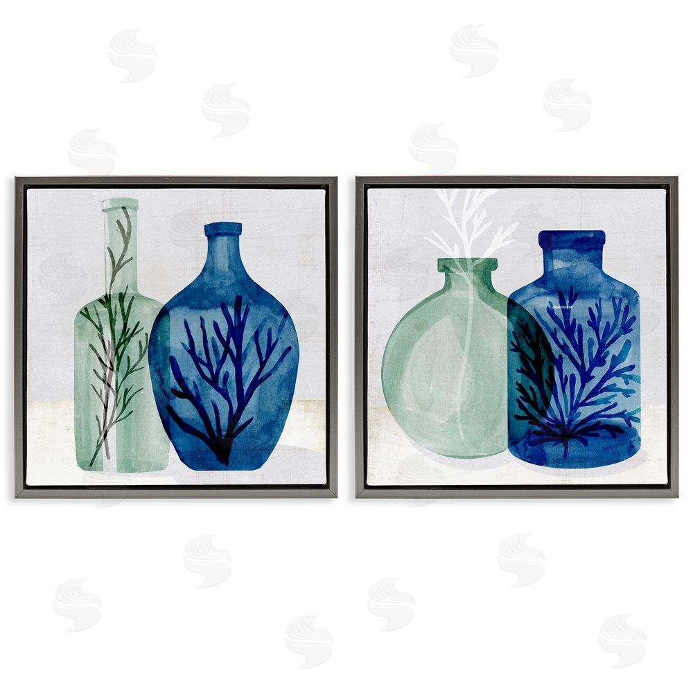 Annie Warren Nautical Vase Still Life Sea Coral & Botanicals Gray Floating Frame Canvas Wall Art Print