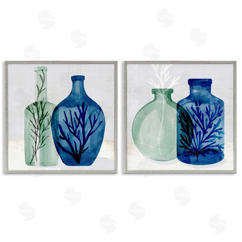 Annie Warren Nautical Vase Still Life Sea Coral & Botanicals Gray Framed Giclee Wall Art Print