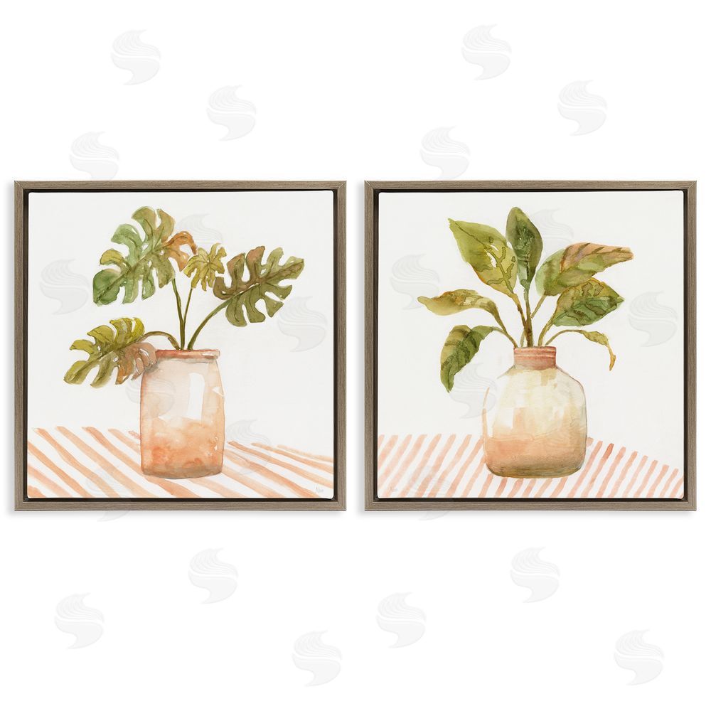 Nan Tranquil Monstera Leaf Herbal Plant Vase Brown Floating Frame Canvas Wall Art Print