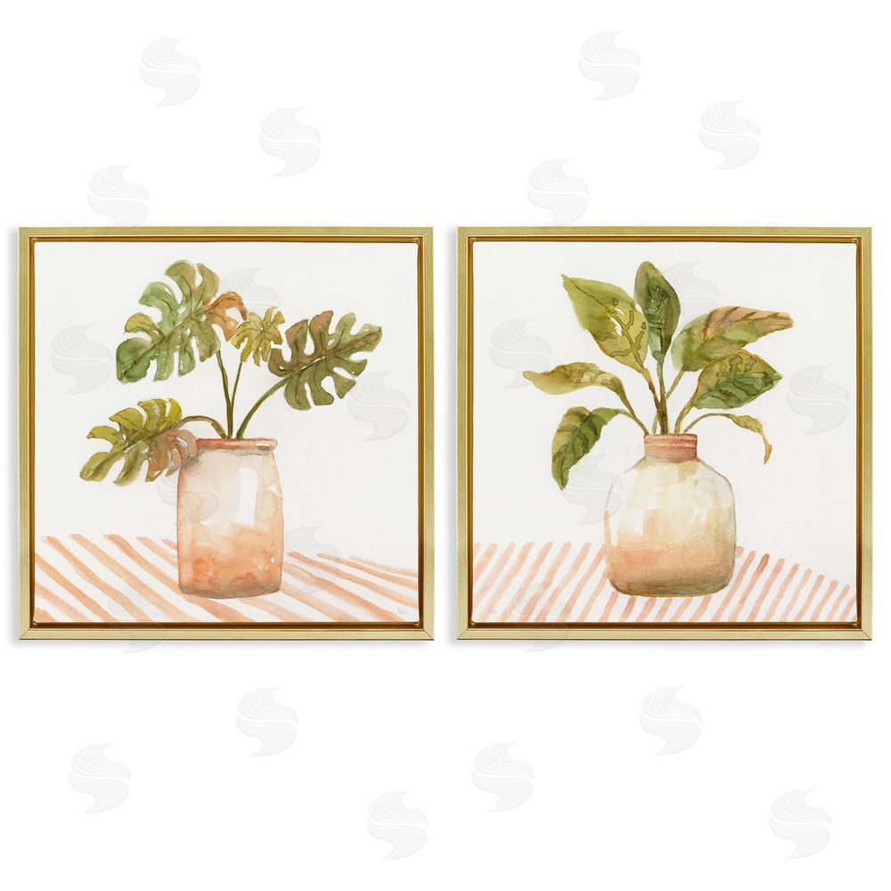 Nan Tranquil Monstera Leaf Herbal Plant Vase Gold Floating Frame Canvas Wall Art Print