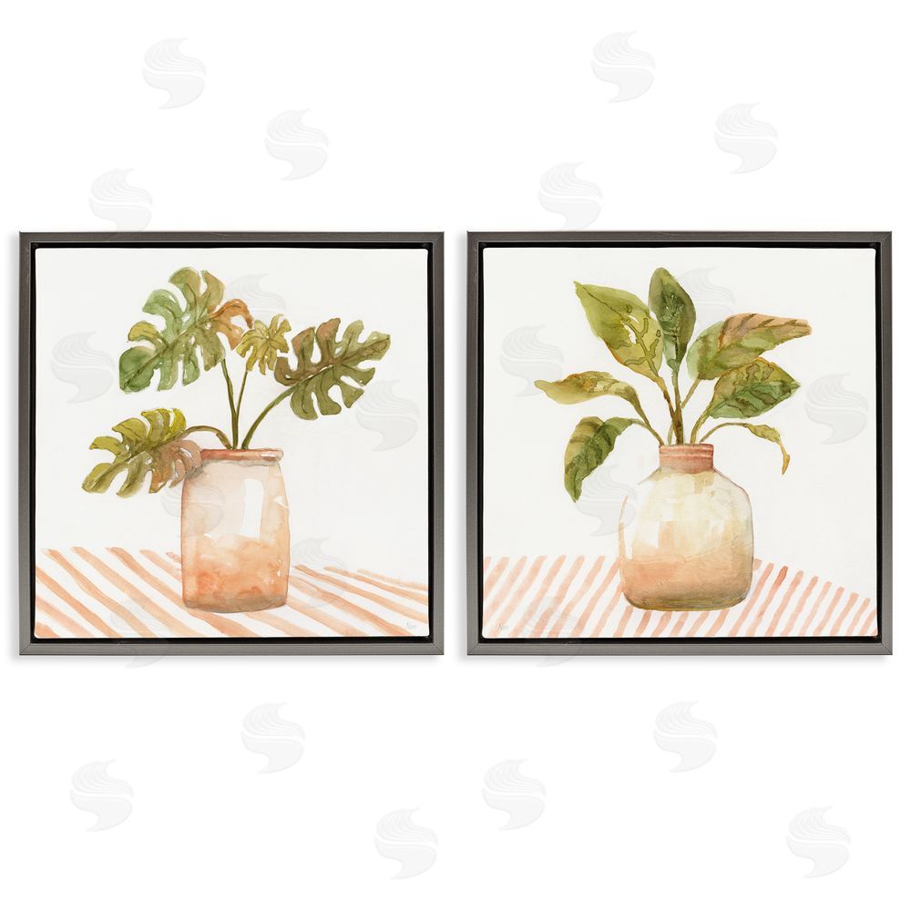 Nan Tranquil Monstera Leaf Herbal Plant Vase Gray Floating Frame Canvas Wall Art Print