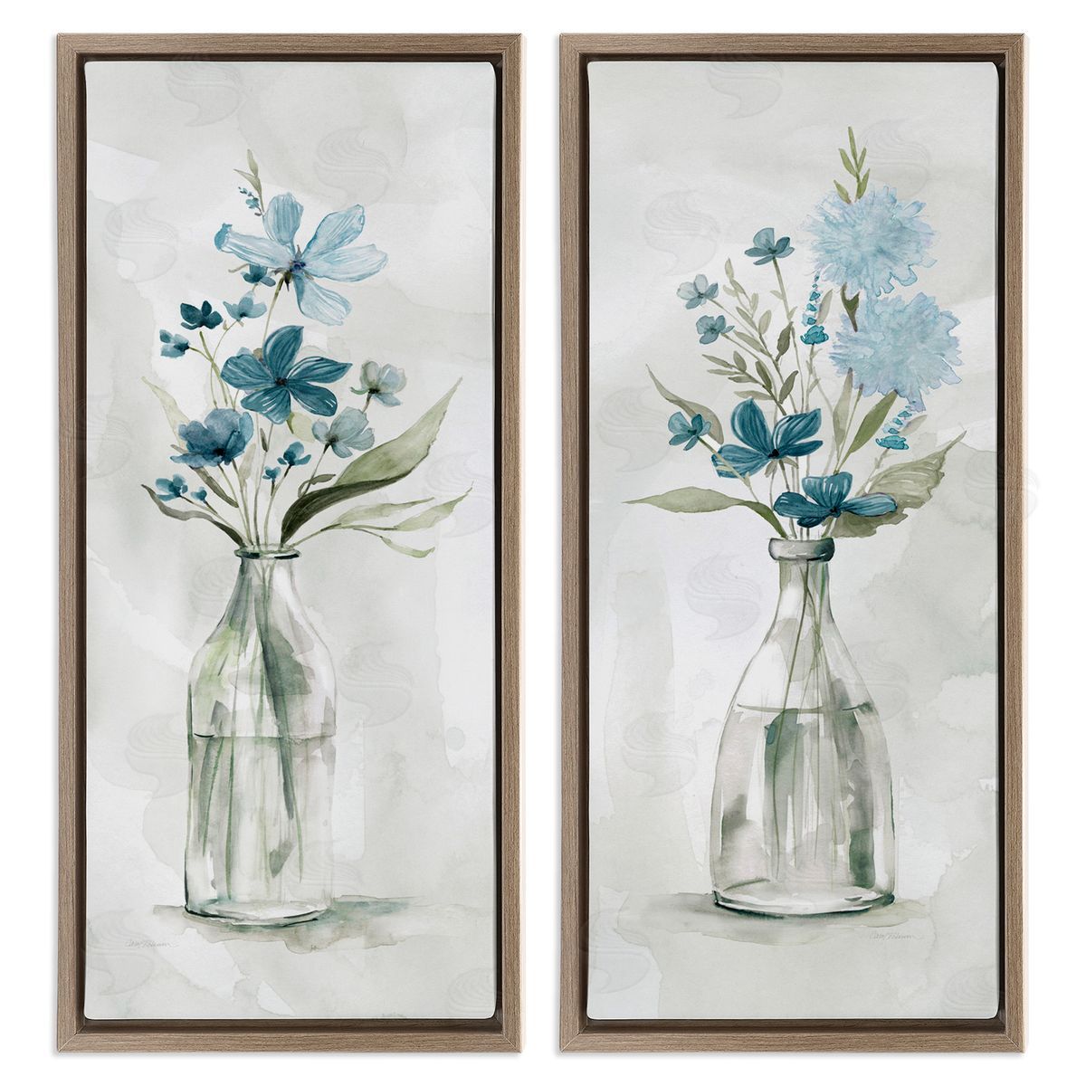 Elegant Indigo Lilac Flower Jars Brown Floating Frame Canvas Wall Art, Home Decor by Carol Robinson