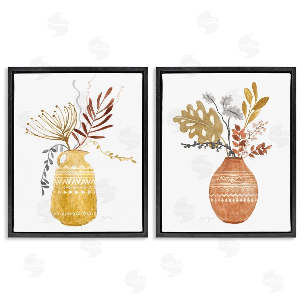 Tava Studios Boho Wildflower Aztec Patterned Vases Black Floating Frame Canvas Wall Art Print