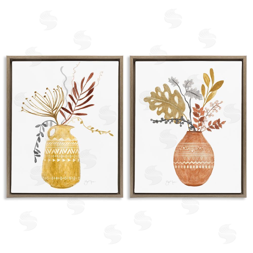 Tava Studios Boho Wildflower Aztec Patterned Vases Brown Floating Frame Canvas Wall Art Print