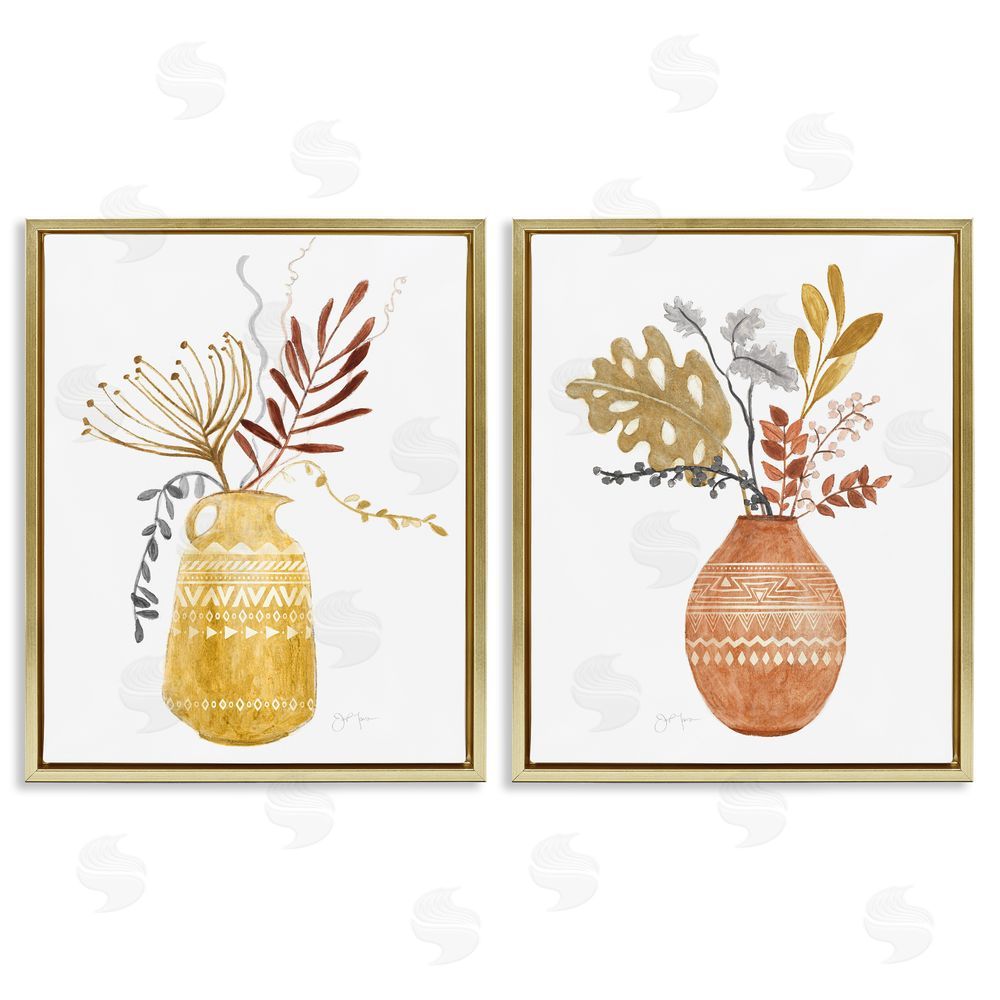 Tava Studios Boho Wildflower Aztec Patterned Vases Gold Floating Frame Canvas Wall Art Print