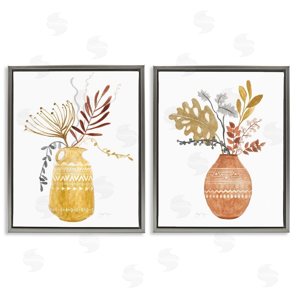 Tava Studios Boho Wildflower Aztec Patterned Vases Gray Floating Frame Canvas Wall Art Print