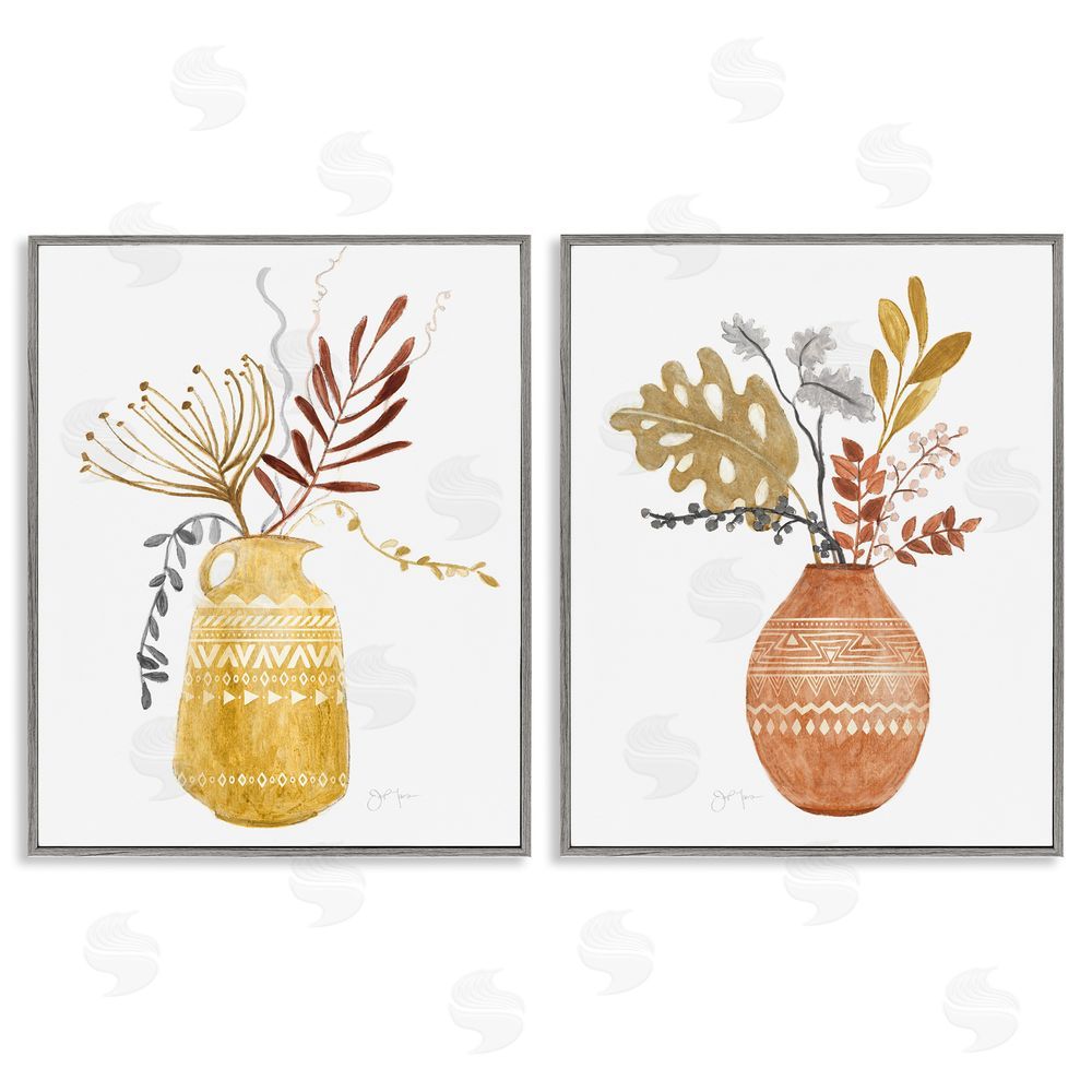 Tava Studios Boho Wildflower Aztec Patterned Vases Gray Framed Giclee Wall Art Print