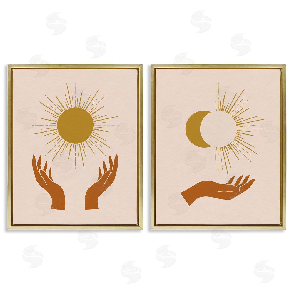 Victoria Barnes Boho Chic Hands Embracing Enlightened Eclipsed Sky  Gold Floating Frame Canvas Wall Art Print