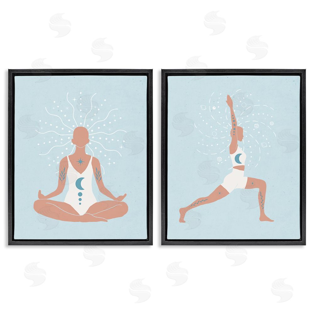 Nina Blue Yoga Fitness Work Out Figure Meditating Black Floating Frame Canvas Wall Art Print