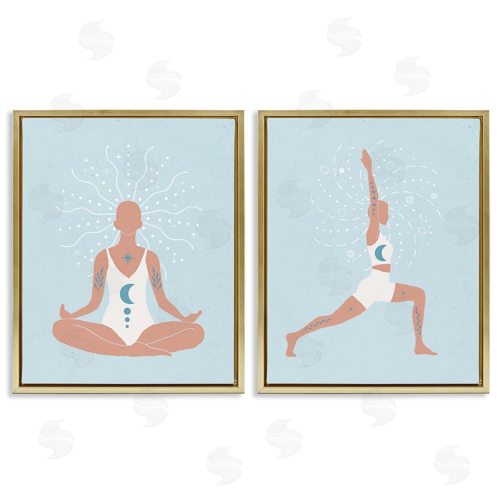 Nina Blue Yoga Fitness Work Out Figure Meditating Gold Floating Frame Canvas Wall Art Print