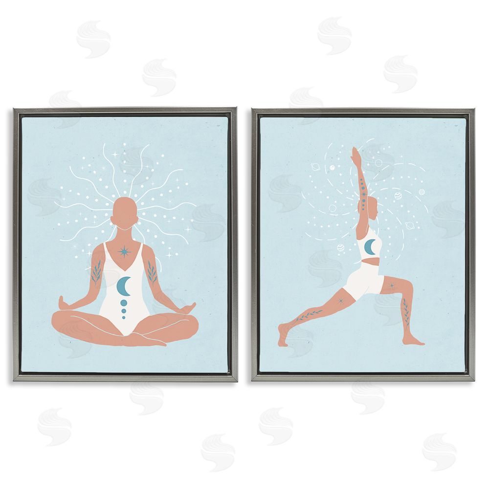 Nina Blue Yoga Fitness Work Out Figure Meditating Gray Floating Frame Canvas Wall Art Print