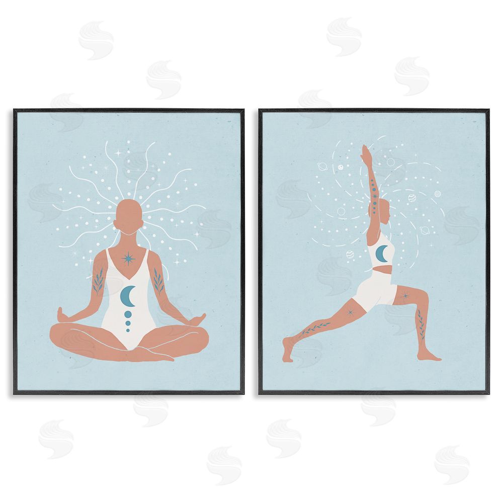 Nina Blue Yoga Fitness Work Out Figure Meditating Black Framed Giclee Wall Art Print