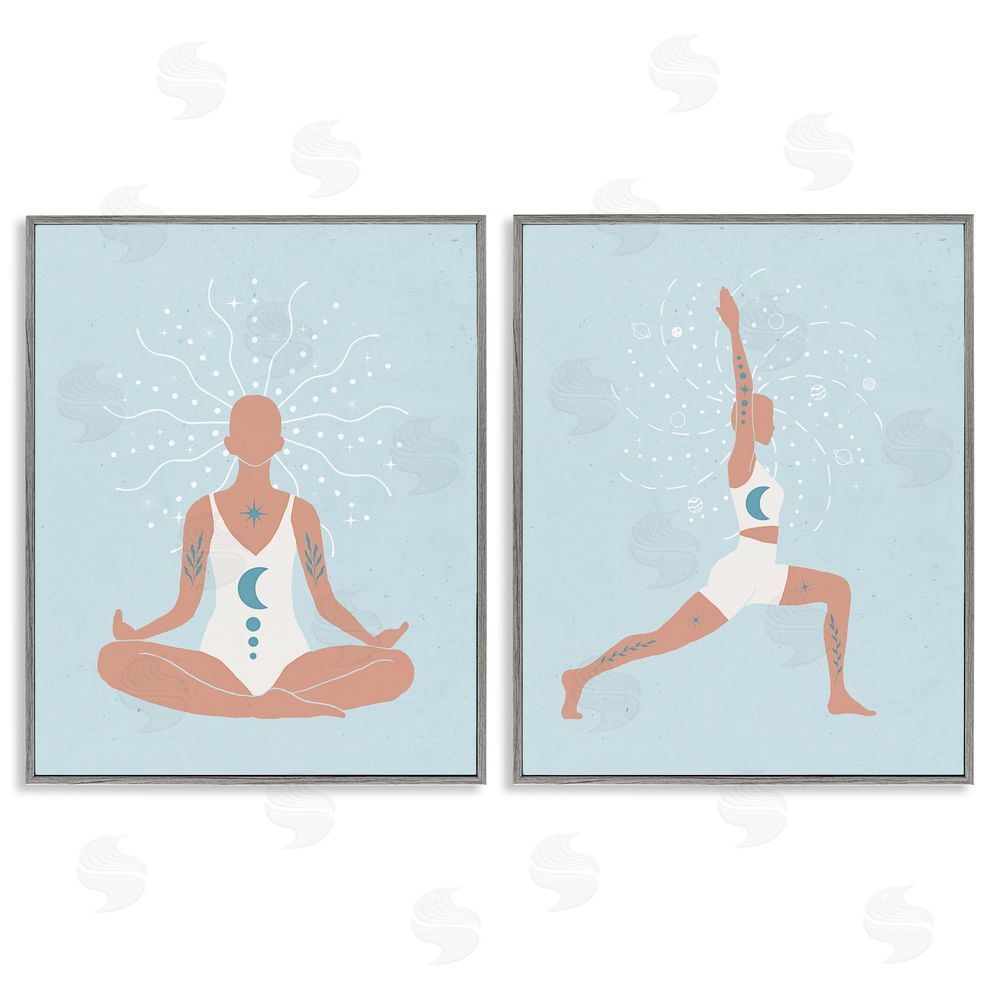 Nina Blue Yoga Fitness Work Out Figure Meditating Gray Framed Giclee Wall Art Print