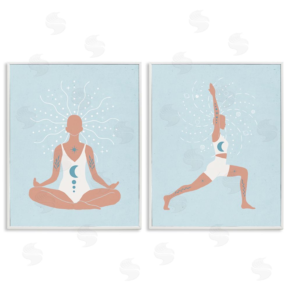Nina Blue Yoga Fitness Work Out Figure Meditating White Framed Giclee Wall Art Print