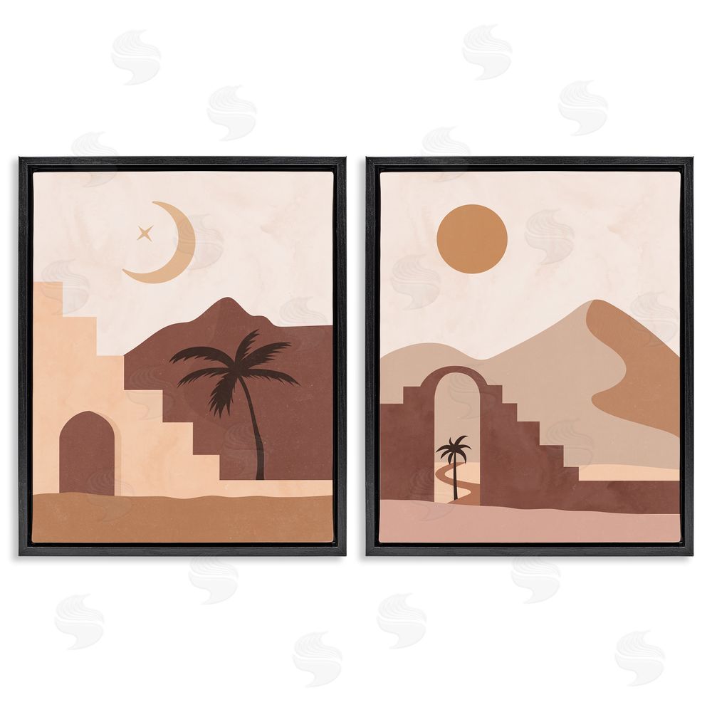 Nina Blue Desert Oasis Retreat Day Night Palm Dune Black Floating Frame Canvas Wall Art Print