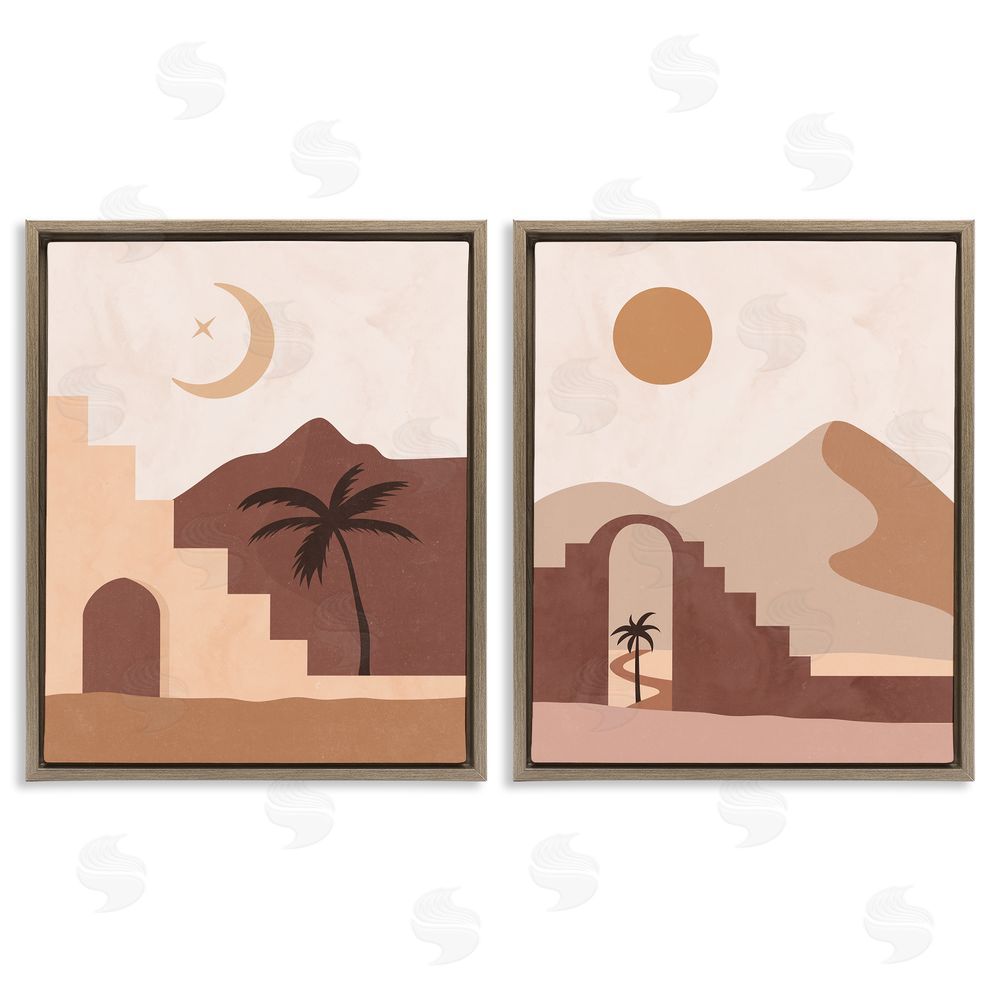 Nina Blue Desert Oasis Retreat Day Night Palm Dune Brown Floating Frame Canvas Wall Art Print