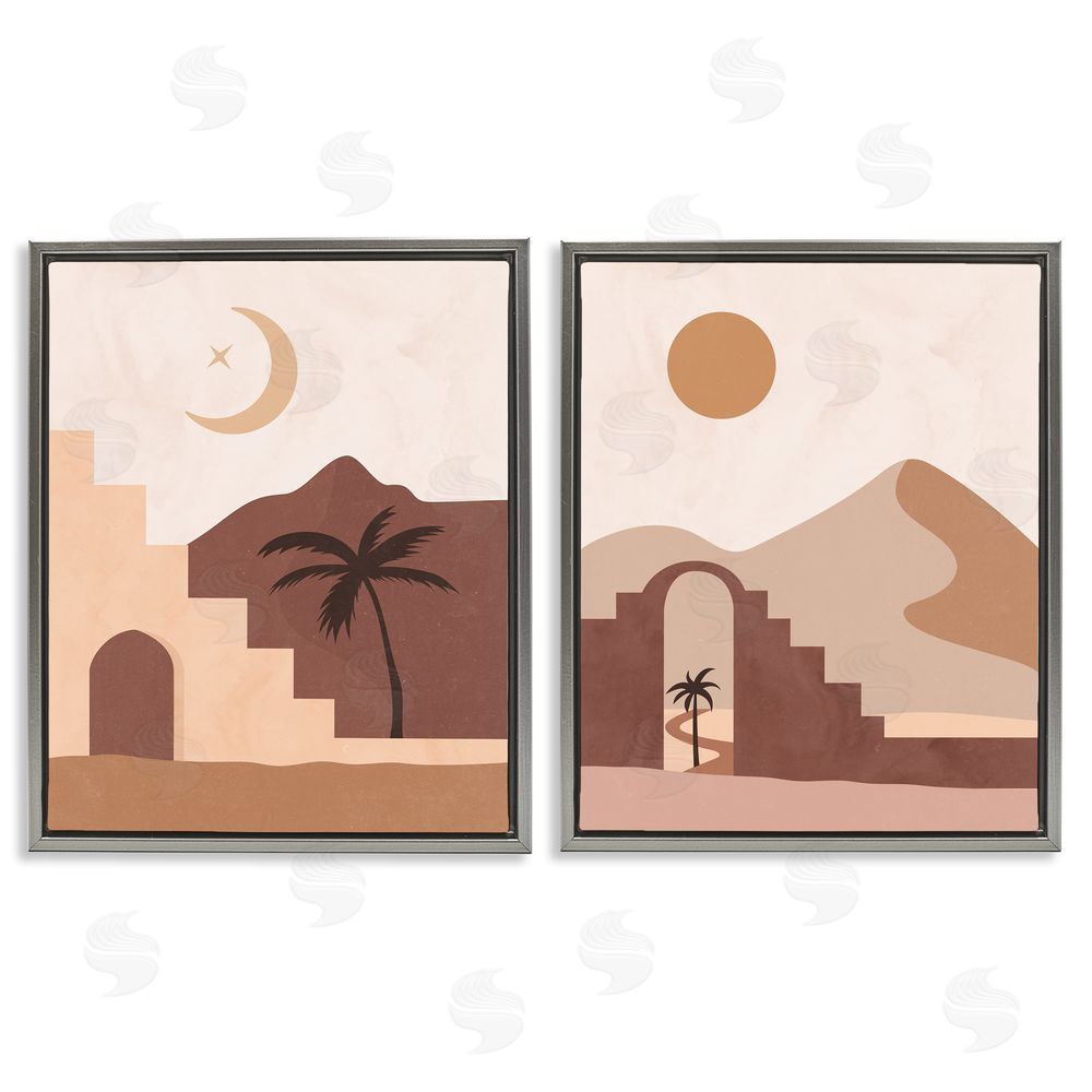 Nina Blue Desert Oasis Retreat Day Night Palm Dune Gray Floating Frame Canvas Wall Art Print