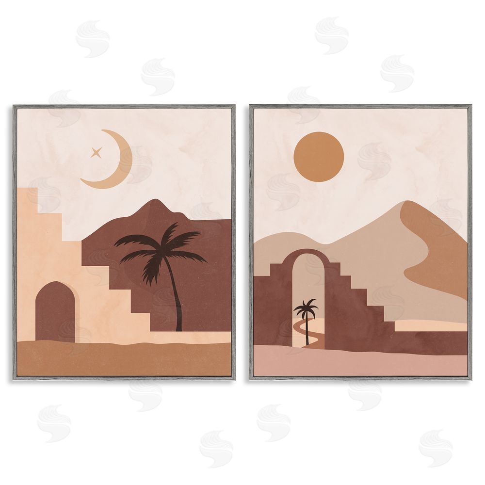 Nina Blue Desert Oasis Retreat Day Night Palm Dune Gray Framed Giclee Wall Art Print
