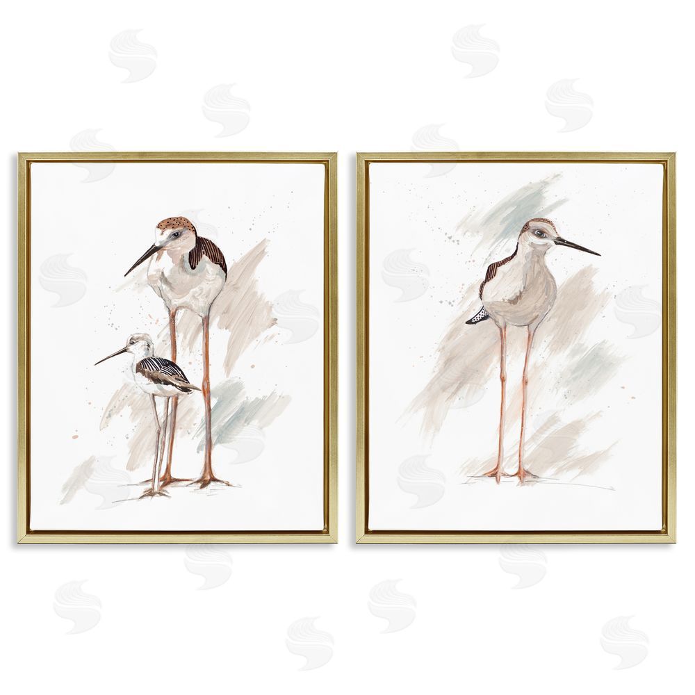 Patricia Pinto Sandpiper Bird Family Sunny Beach Coastal Bird  Gold Floating Frame Canvas Wall Art Print