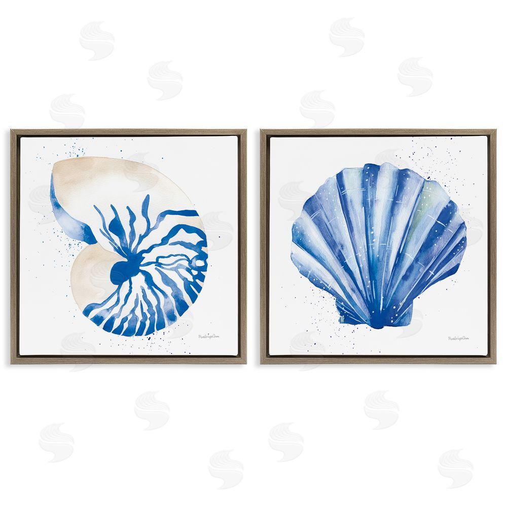 Mercedes Lopez Charro Serene Blue Seashell Clam Simple Design  Brown Floating Frame Canvas Wall Art Print