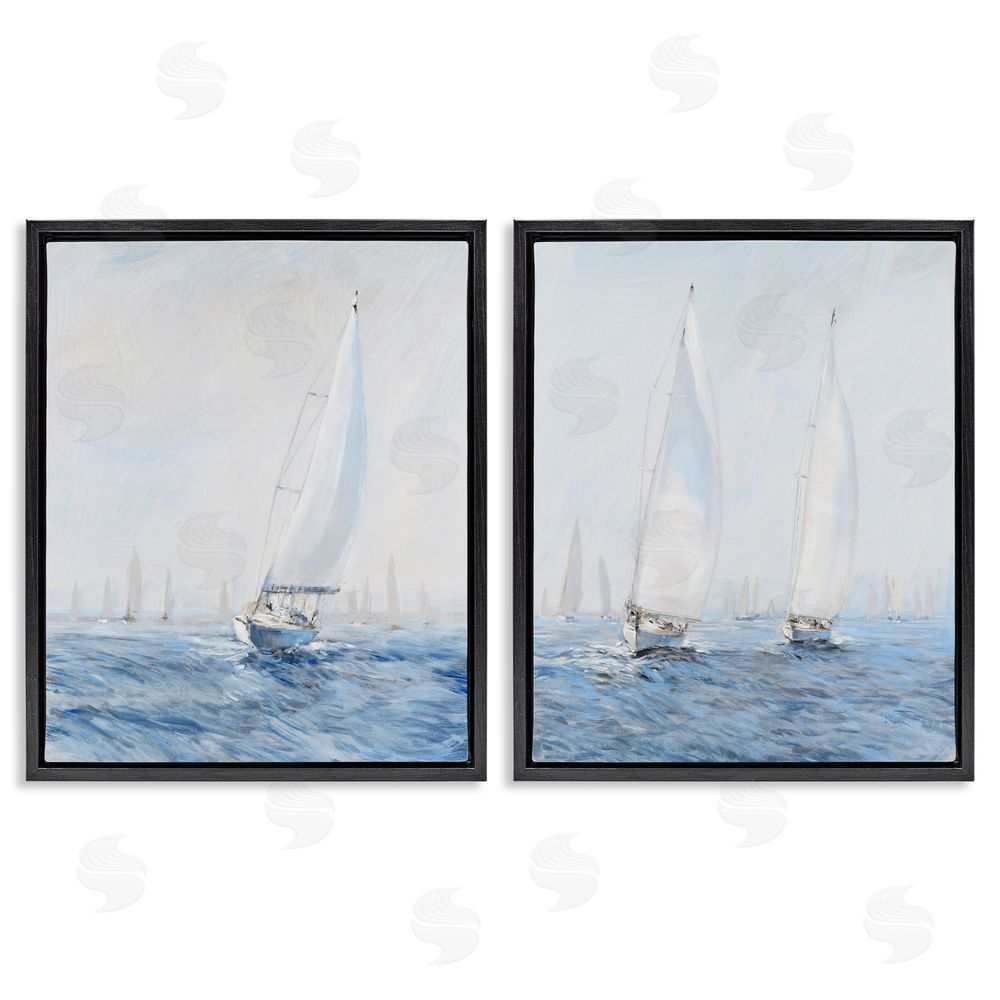 Tim O'Toole Serene Sailboats Floating Cloudy Sea Sky Painting Black Floating Frame Canvas Wall Art Print
