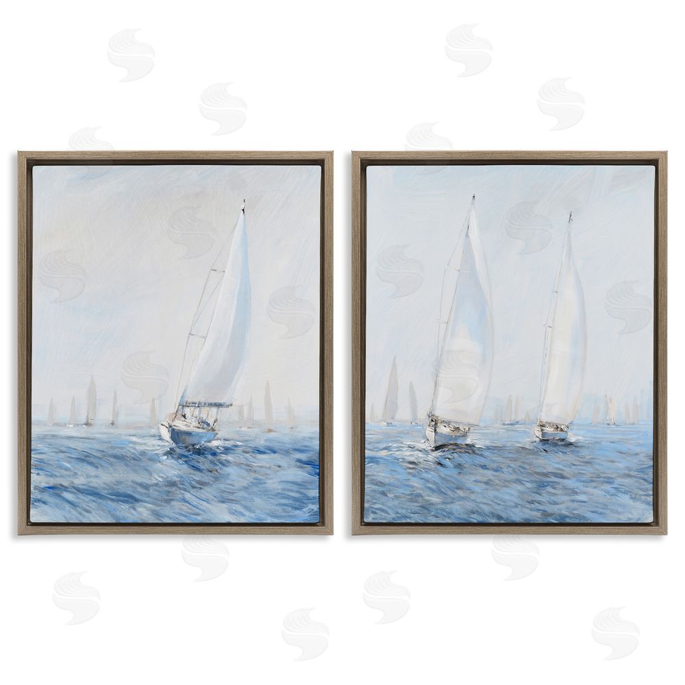 Tim O'Toole Serene Sailboats Floating Cloudy Sea Sky Painting Brown Floating Frame Canvas Wall Art Print