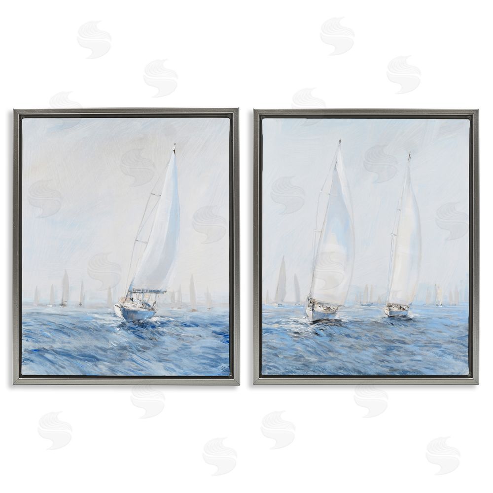 Tim O'Toole Serene Sailboats Floating Cloudy Sea Sky Painting Gray Floating Frame Canvas Wall Art Print