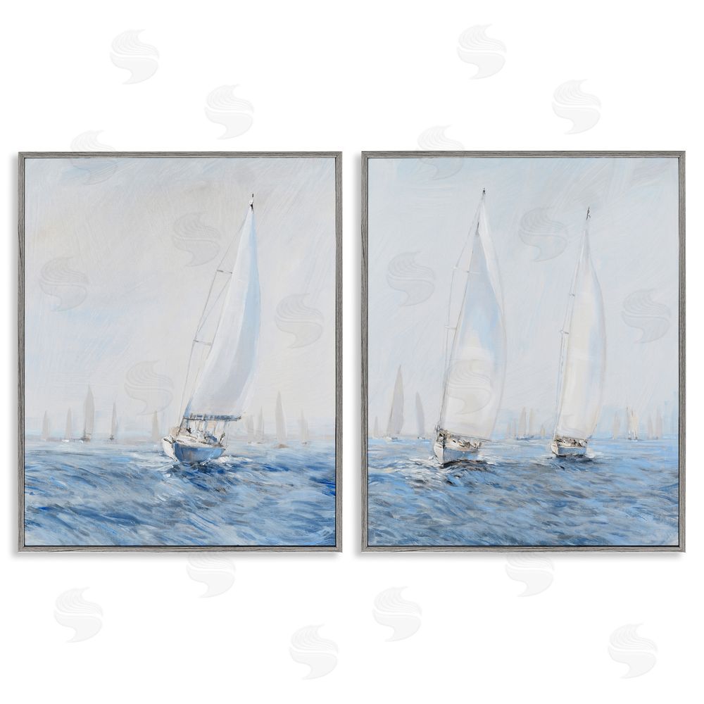 Tim O'Toole Serene Sailboats Floating Cloudy Sea Sky Painting Gray Framed Giclee Wall Art Print