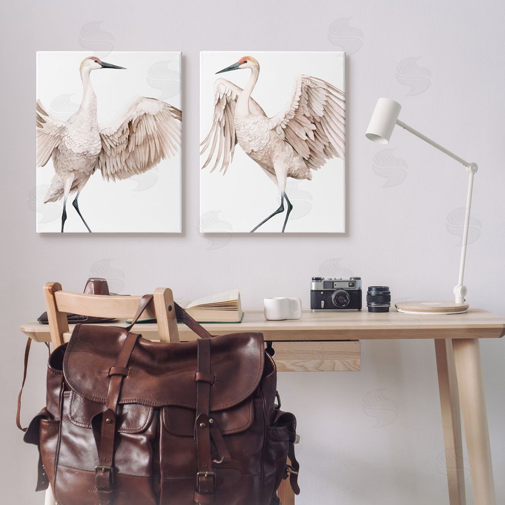 Grace Popp Simple White Crane Birds Standing Open Wings Canvas Wall Art Print in Room