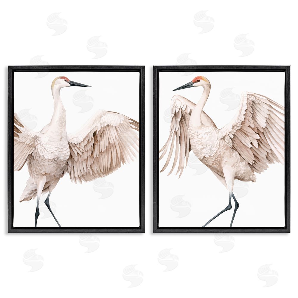 Grace Popp Simple White Crane Birds Standing Open Wings Black Floating Frame Canvas Wall Art Print