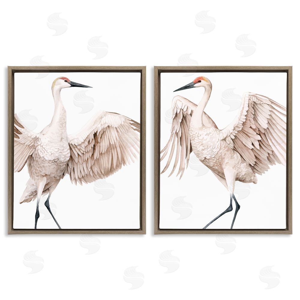 Grace Popp Simple White Crane Birds Standing Open Wings Brown Floating Frame Canvas Wall Art Print