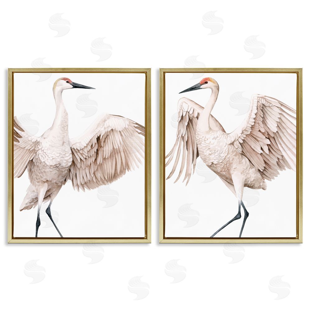 Grace Popp Simple White Crane Birds Standing Open Wings Gold Floating Frame Canvas Wall Art Print