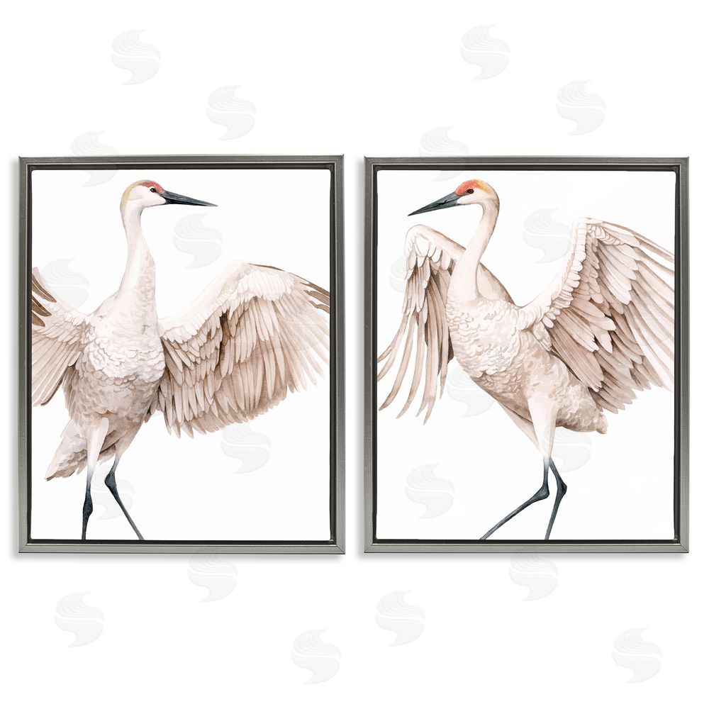 Grace Popp Simple White Crane Birds Standing Open Wings Gray Floating Frame Canvas Wall Art Print