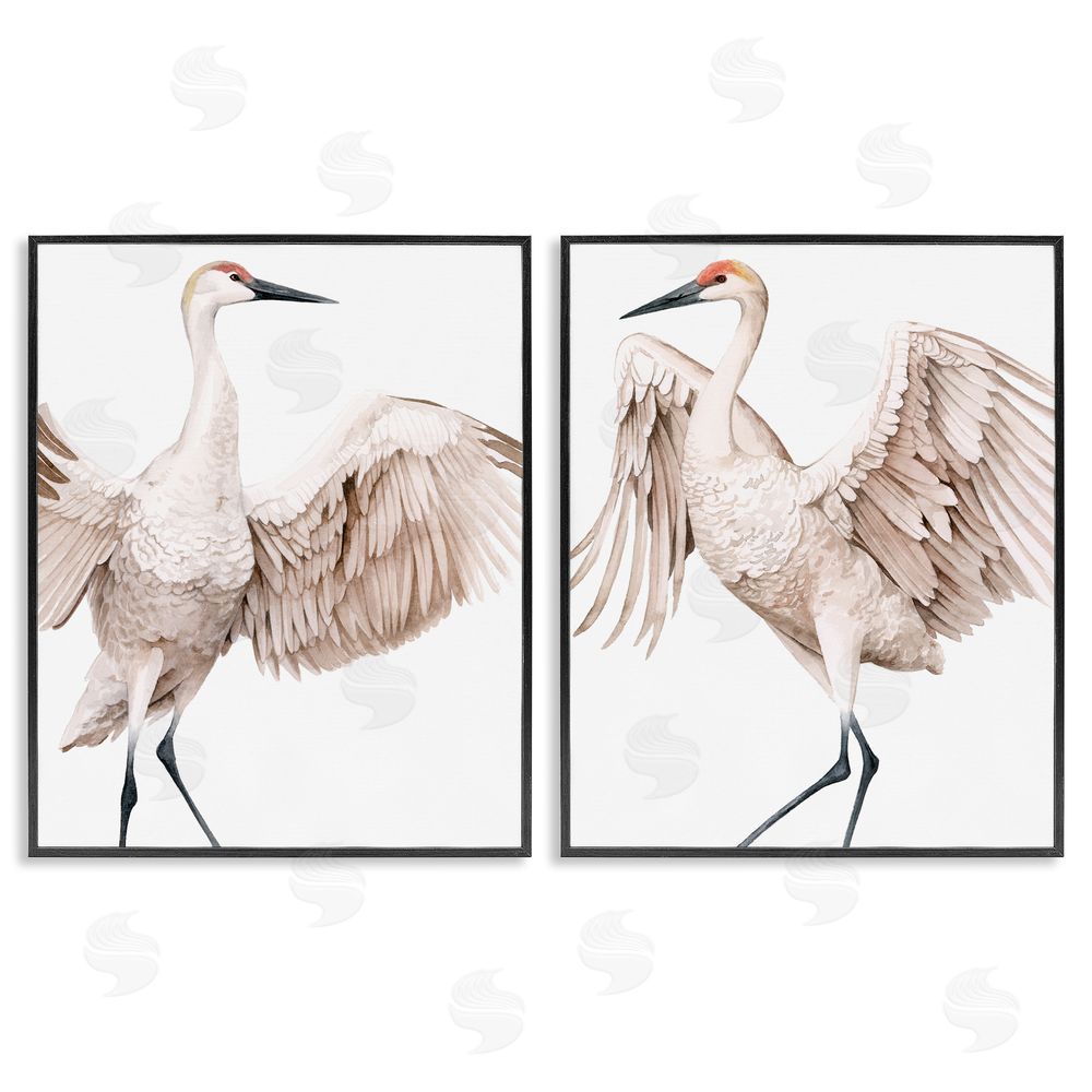 Grace Popp Simple White Crane Birds Standing Open Wings Black Framed Giclee Wall Art Print