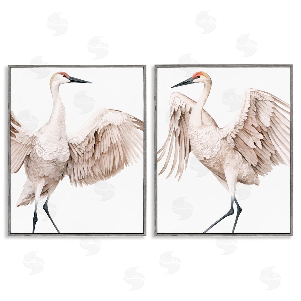 Grace Popp Simple White Crane Birds Standing Open Wings Gray Framed Giclee Wall Art Print