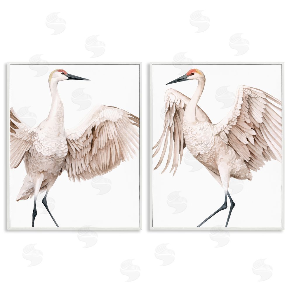 Grace Popp Simple White Crane Birds Standing Open Wings White Framed Giclee Wall Art Print