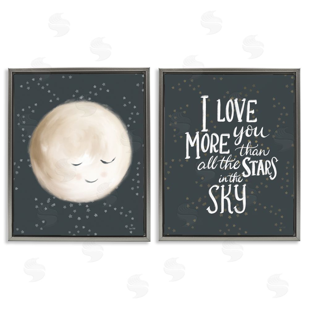 House Fenway Cute Moon Starry Night Sky I Love You Phrase  Gray Floating Frame Canvas Wall Art Print