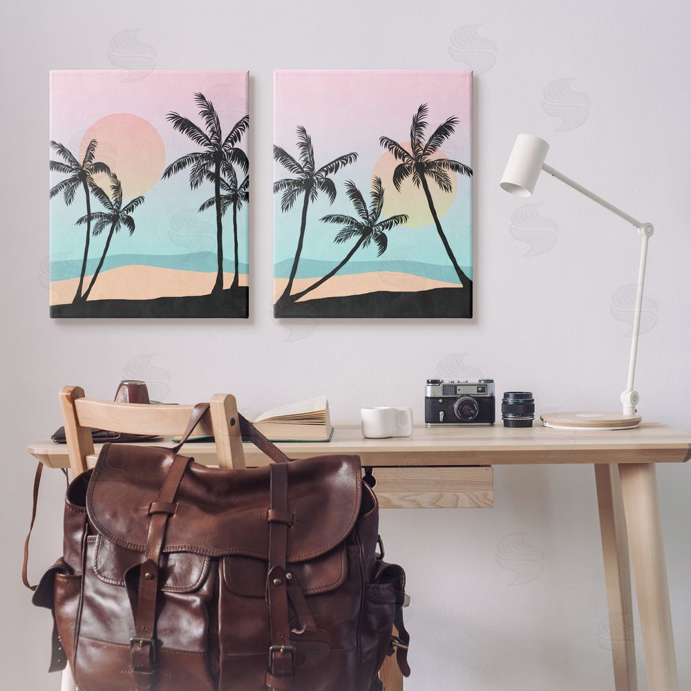Nina Blue Tropical Sunset Sunrise Palm Tree Beach  Canvas Wall Art Print in Room