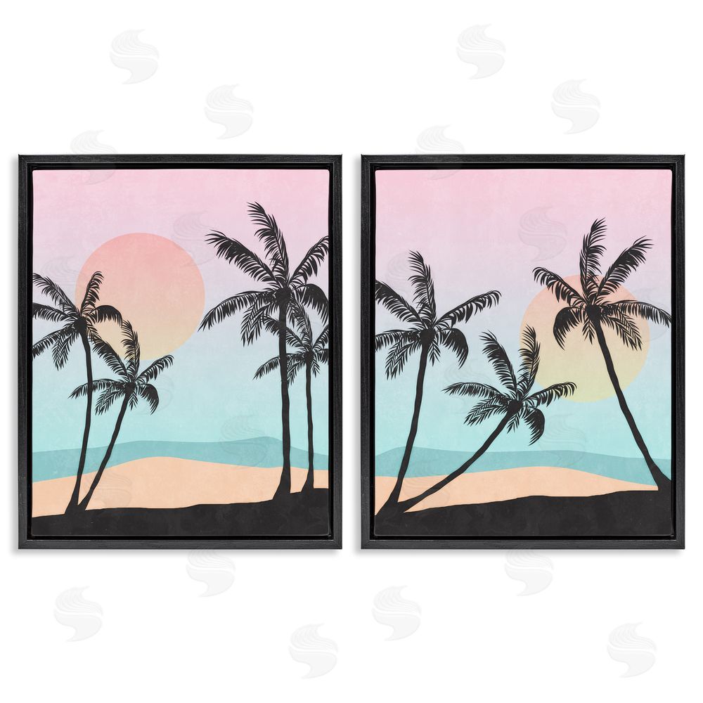 Nina Blue Tropical Sunset Sunrise Palm Tree Beach  Black Floating Frame Canvas Wall Art Print