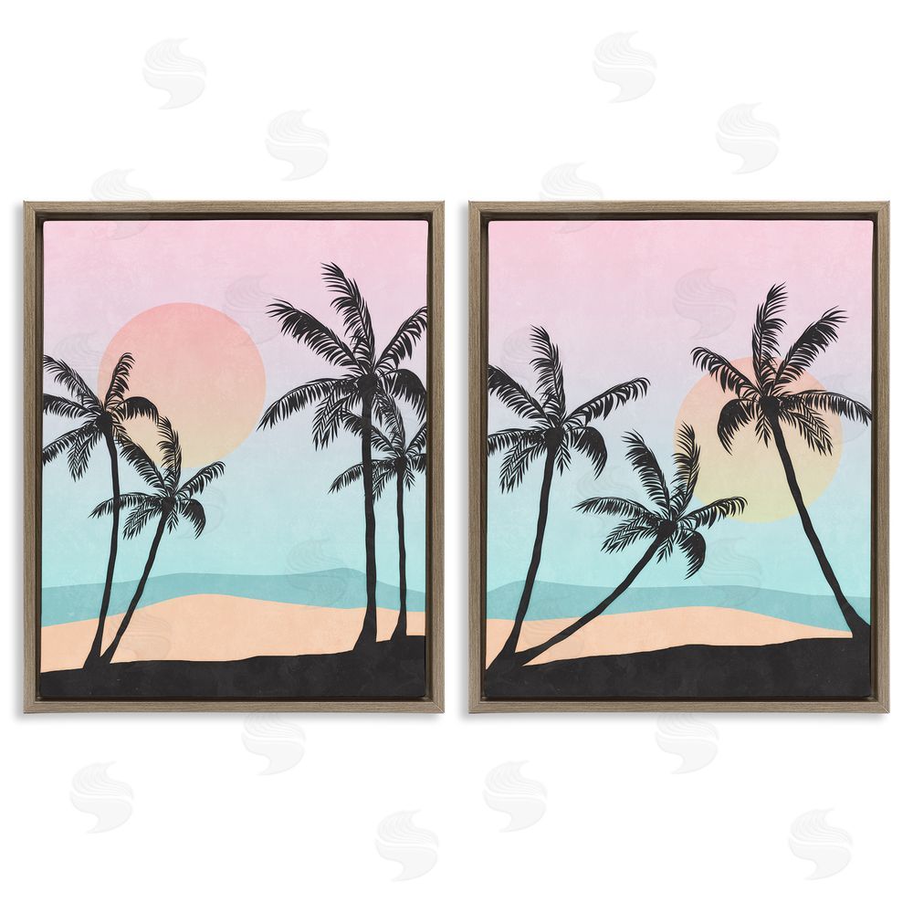 Nina Blue Tropical Sunset Sunrise Palm Tree Beach  Brown Floating Frame Canvas Wall Art Print